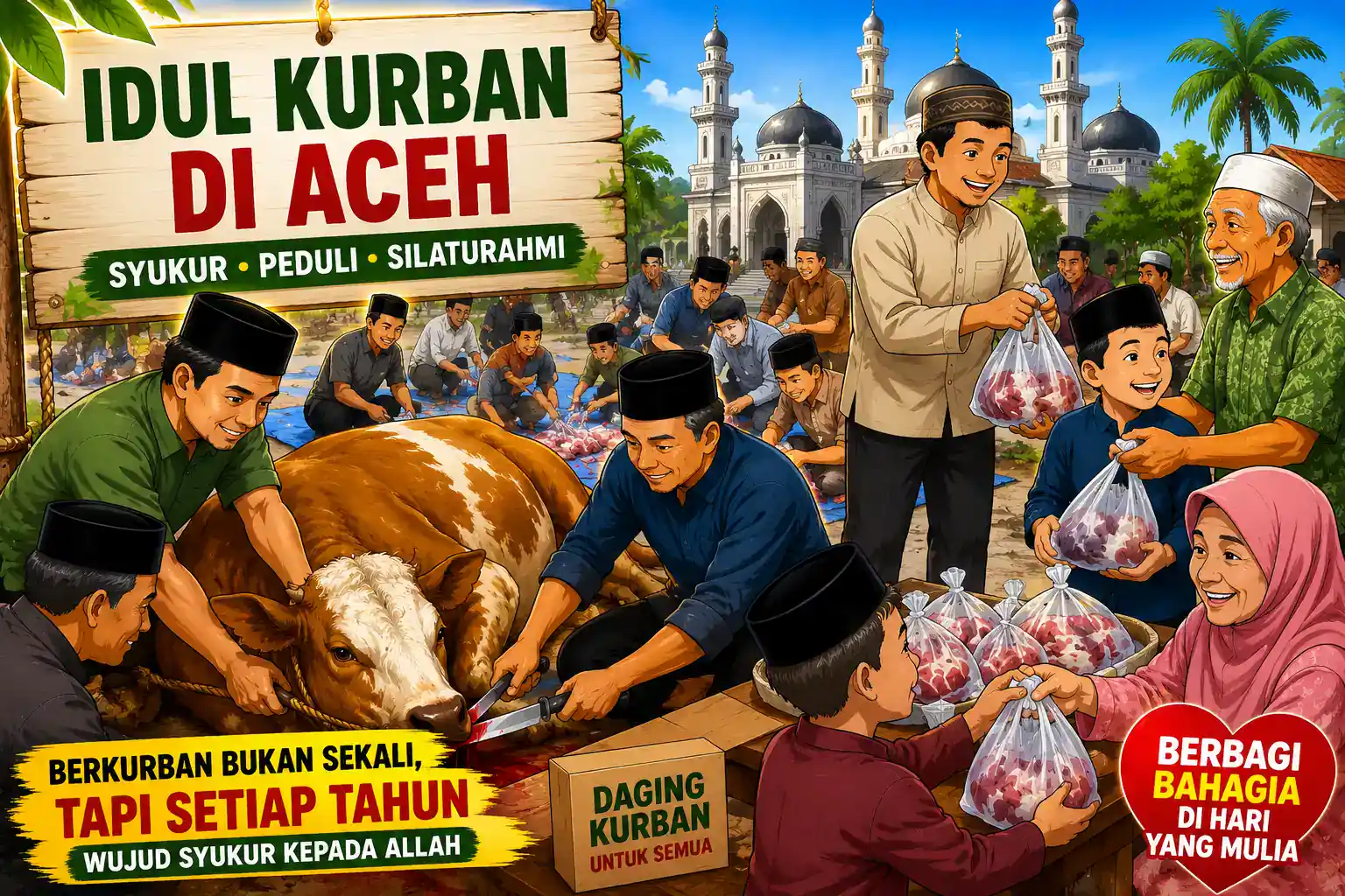 Tanda pengorbanan Idul Adha di Aceh dengan pembagian daging kurban dan kebersamaan masyarakat.